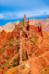 Natural unusual landscape red canyon of extraordinary beauty is similar to the Martian landscape. Multi-colored canyon fairy tale in Kyrgyzstan. Charyn Canyon. Amazing beautiful landscape.