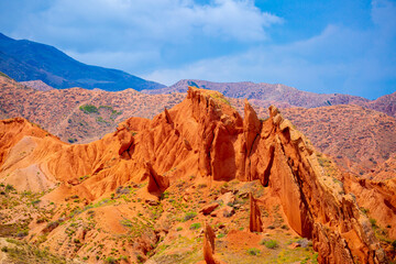 Natural unusual landscape red canyon of extraordinary beauty is similar to the Martian landscape. Multi-colored canyon fairy tale in Kyrgyzstan. Charyn Canyon. Amazing beautiful landscape.