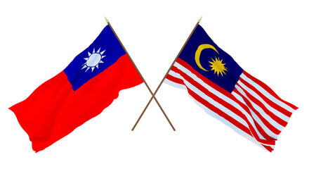 Background, 3D render for designers, illustrators. National Independence Day. Flags Taiwan and Malaysia