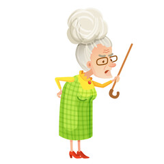 Vector illustration of angry senior woman with walking stick