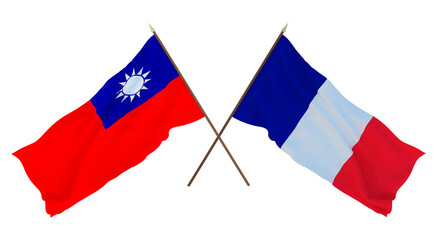Background, 3D render for designers, illustrators. National Independence Day. Flags Taiwan and Saint Martin