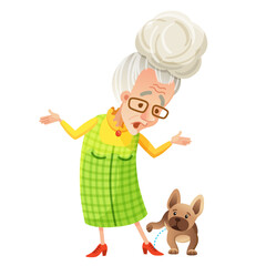 Vector illustration of a happy senior woman and her pet, her french bulldog