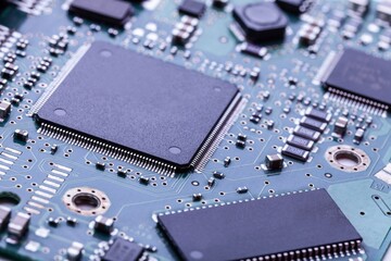 Computer Microchips on Electronic circuit board. Technology electronics concept.