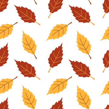 Vector seamelss autumn pattern with red and yellow leaves. Cute aumumn leaves. Fall background.