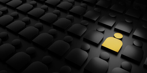 Fototapeta premium concept of a successful leadership person or insurance by gold and black 3d icon people on dark background. 3d illustration