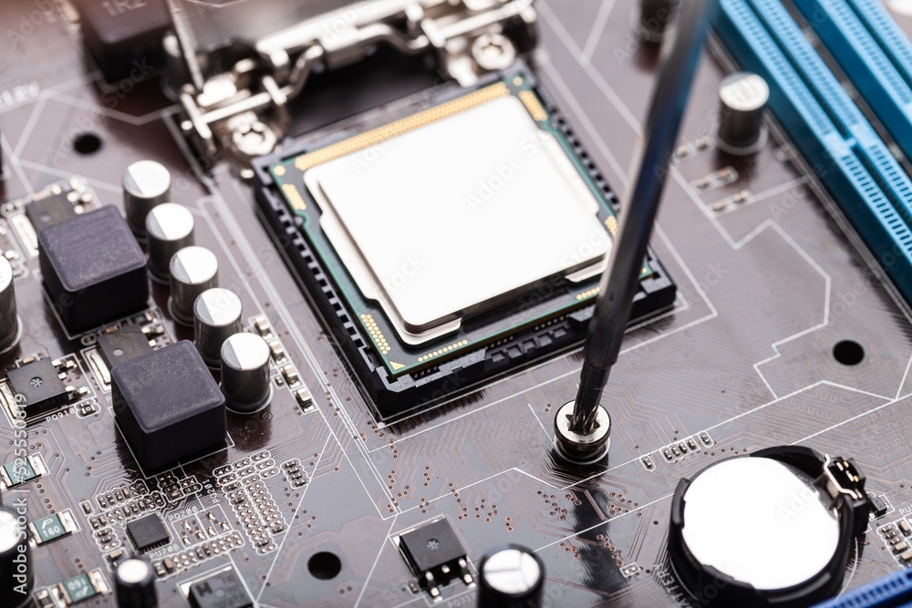 Poster printed circuit board with microchips and other components production process. electronics manufactu