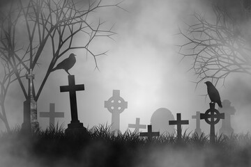 Scary night in haunted cemetery with two ravens