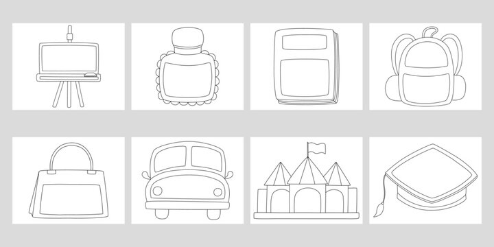 Set vector illustration, frame and coloring, black lines for coloring, art for kids, kids activities, worksheet decoration, elements for teacher and more.