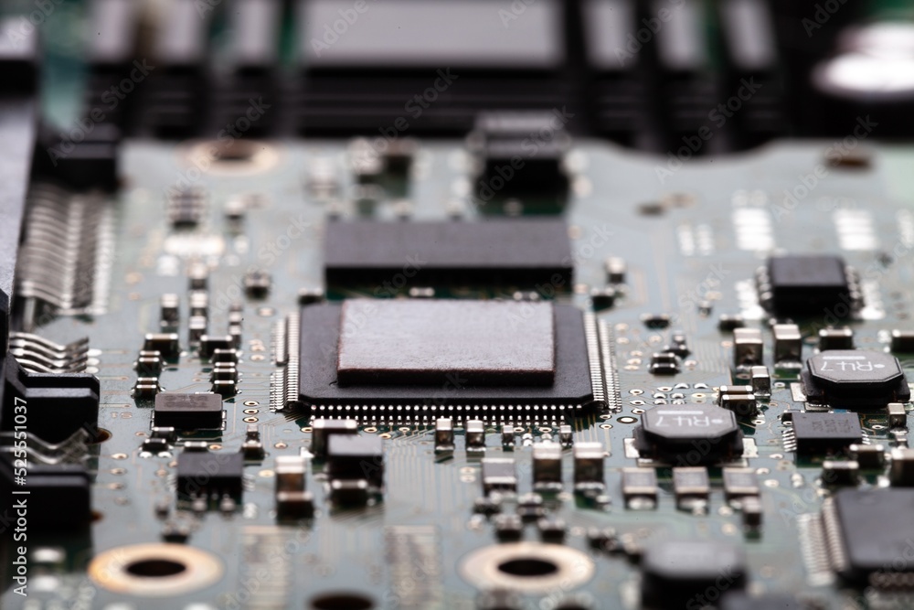 Poster printed circuit board with microchips and other components production process. electronics manufactu