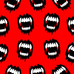 Naklejka premium Vampire fangs teeth mouth on a red background. Vector halloween seamless pattern. 