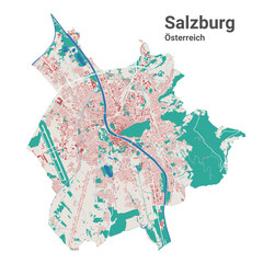 Obraz premium Salzburg vector map. Detailed map of Salzburg city administrative area. Cityscape panorama. Road Map with buildings, water, forest.