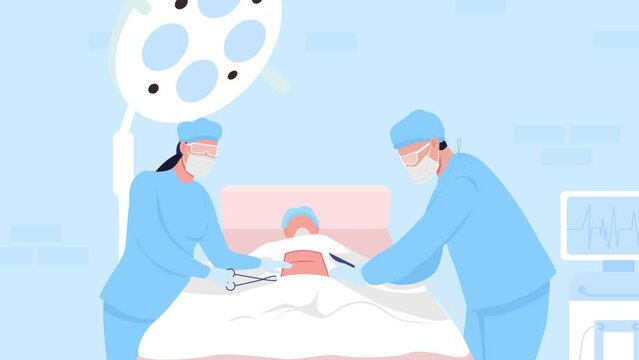 Animated surgeons illustration. Doctors performing surgical operations. Gastrointestinal surgery. Looped flat color 2D cartoon characters animation video in 4k with hospital interior on background