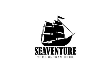 Retro sailing ship against sun logo design