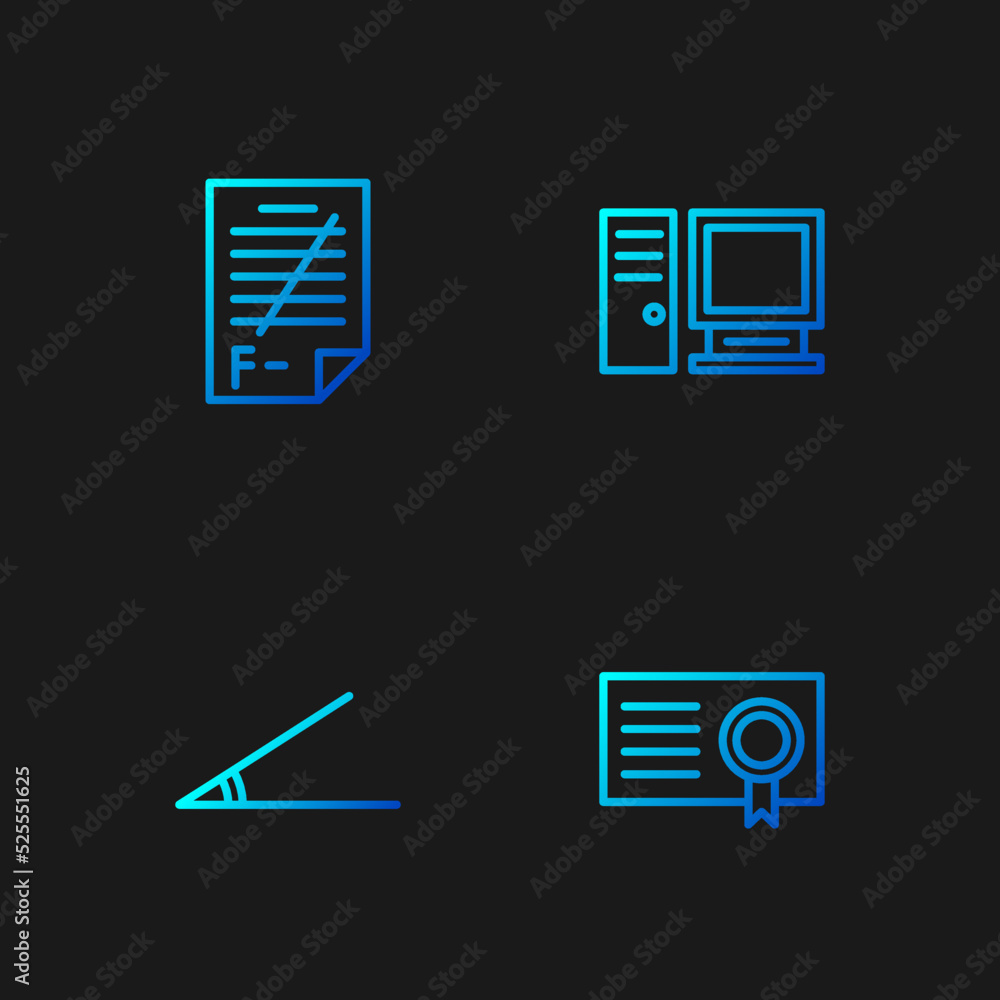 Poster set line certificate template, acute angle, exam paper with incorrect answers and computer monitor. 