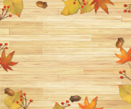 ぬくもりのある色調の木目の板の上に秋の紅葉した葉っぱと木の実のおしゃれな壁紙背景素材