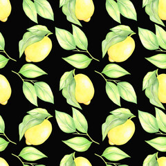 Watercolor seamless pattern with lemons and leaves isolated on black background.Perfect for textile,fabrics.