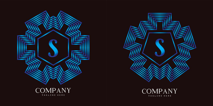 Set of 2 letter S logo with concentric polygonal art deco frames from gradient parallel lines for logo design. You can replace with initial logotype for company or personal branding. EPS10