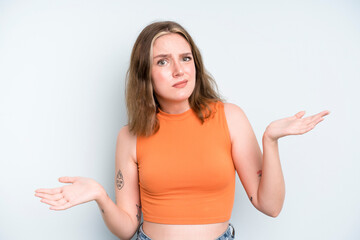 caucasian pretty woman looking puzzled, confused and stressed, wondering between different options,...