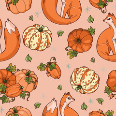 seamless pattern with autumn foxes and pumpkins