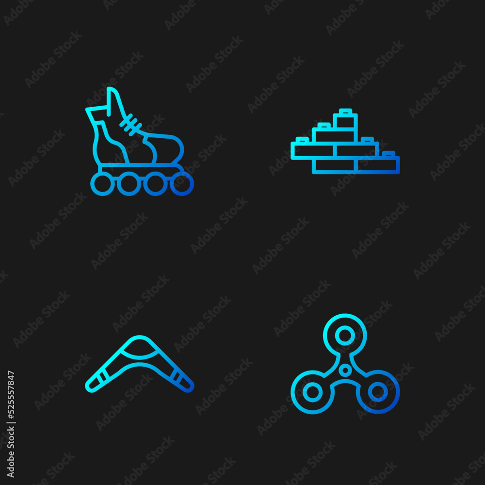 Poster set line fidget spinner, boomerang, roller skate and toy building block bricks. gradient color icons