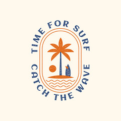 Time to surf to the beach. Catch the wave. Vintage ink stamp color logo design.