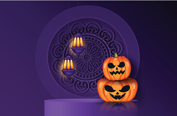 Happy Halloween banner or party invitation background with night clouds and pumpkins, Full moon in the sky, spiders web and flying bats.