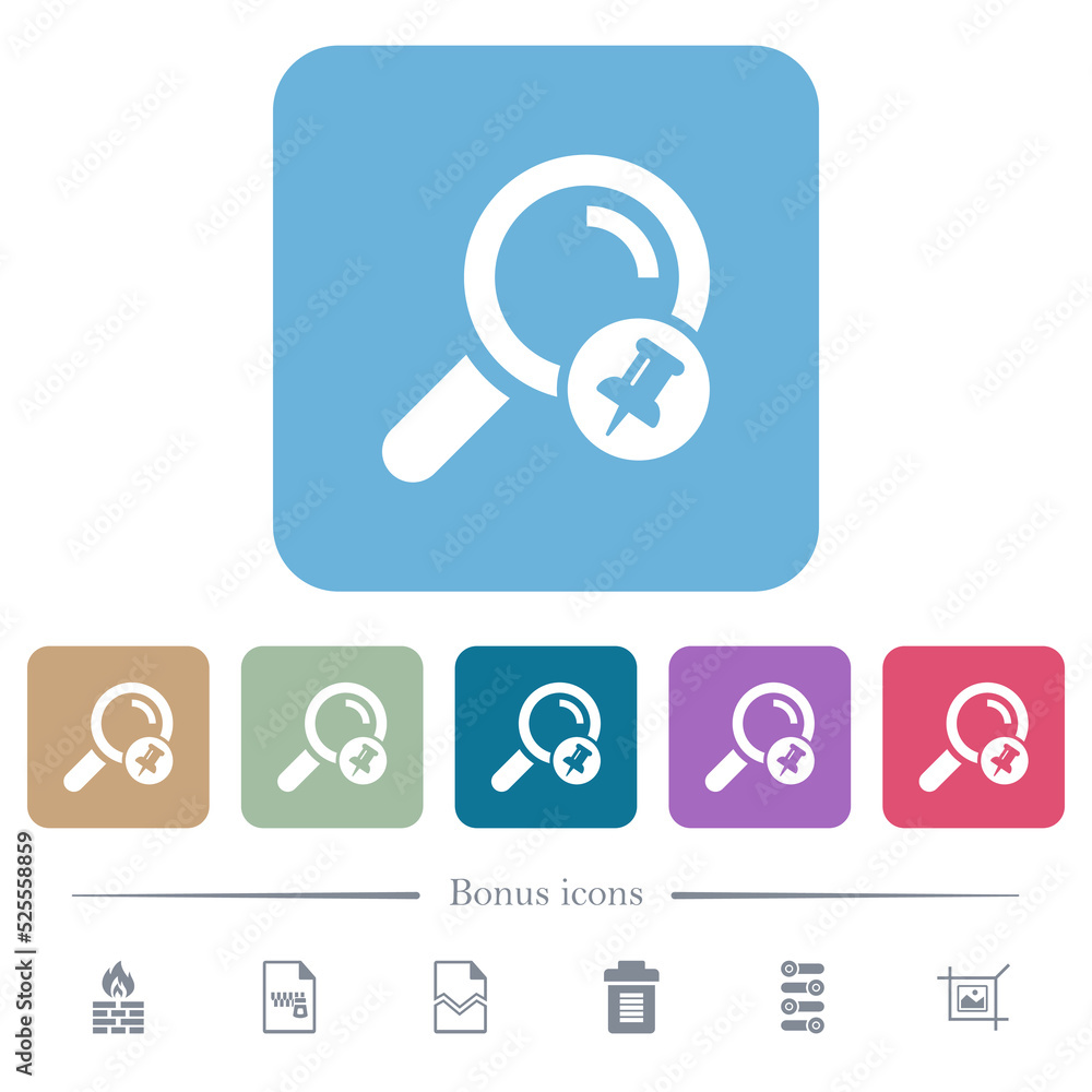 Poster pin search result flat icons on color rounded square backgrounds