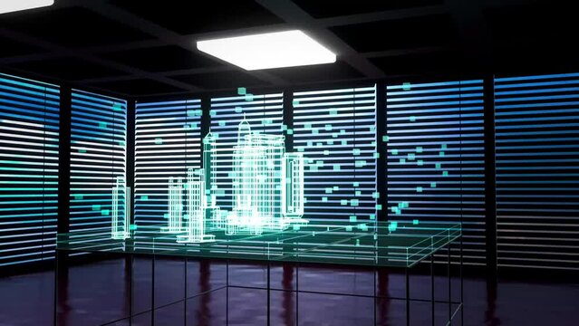 a city skyscraper simulation as a hologram (3d rendering)