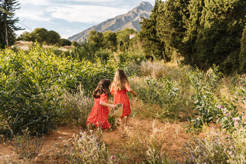 Girls in red dresses walking in field