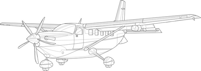 Obraz premium Modern classic airplane realistic sketch template. Cartoon graphic vector illustration in black and white for games, background, pattern, decor. Coloring paper, page, story book. Print for fabrics