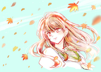 前を向く女子学生　紅葉