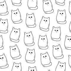 Seamless pattern with hand drawn cute cats doodle style, vector illustration on white background. Monochrome decorative design for wrapping and packaging