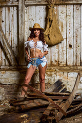 Obraz na płótnie Canvas Beautiful brunette,girl with country look, indoors shot in stable, rustic style. Attractive woman with cowboy hat and denim shorts.