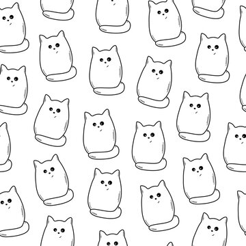 Seamless pattern with hand drawn cute cats doodle style, vector illustration on white background. Monochrome decorative design for wrapping and packaging