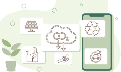 Sustainability illustration . ESG, green energy, sustainable industry with windmills and solar energy panels. Environmental, Social, and Corporate Governance concept. Vector illustration.