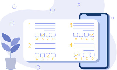 online exam, choose correct answer in test, form with answers with a phone. vector illustration