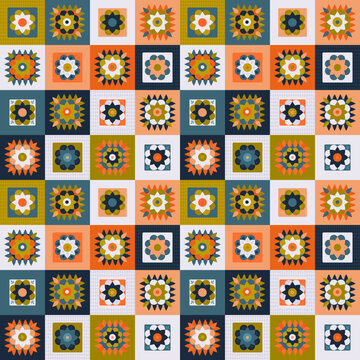 Granny crochet pattern. Geometric stylized design for textile or patchwork. Cozy warm knitted ornament. Repeated decorative retro blanket endless print