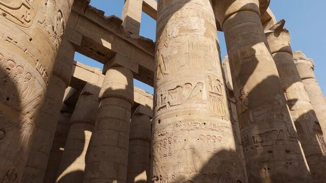 Low angle view of Columns with Hieroglyphs at Impressive Karnak Temple, Luxor