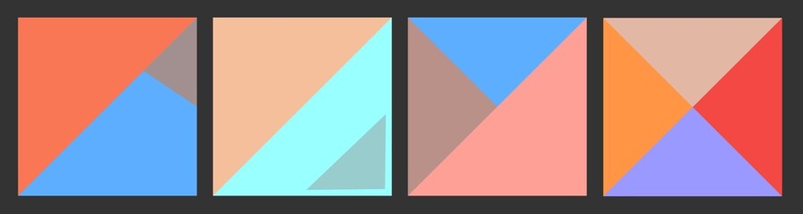 A geometric set of squares with colored triangles inside. Retro colors. 4 squares with colored geometry inside. Horizontal strip with squares. Blue,light blue,beige, pink, orange retro colors.