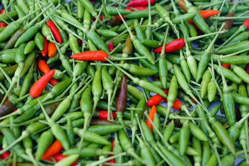 Fresh organic green and red Thai chilies background. Concept : food ingredient, spicy for cooking. Agriculture crop in Thailand.               
