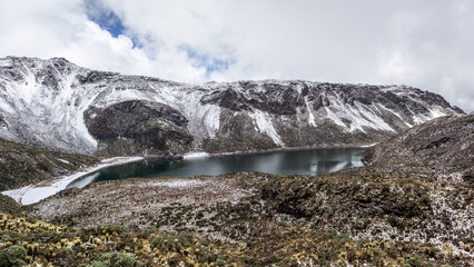 Images of green lake and we stop them in Los Andes. Lagoon located in the natural national park Los...