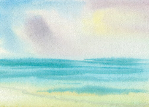 Abstract turquoise sea and sunset sky, watercolor background. colorful seascape illustration.