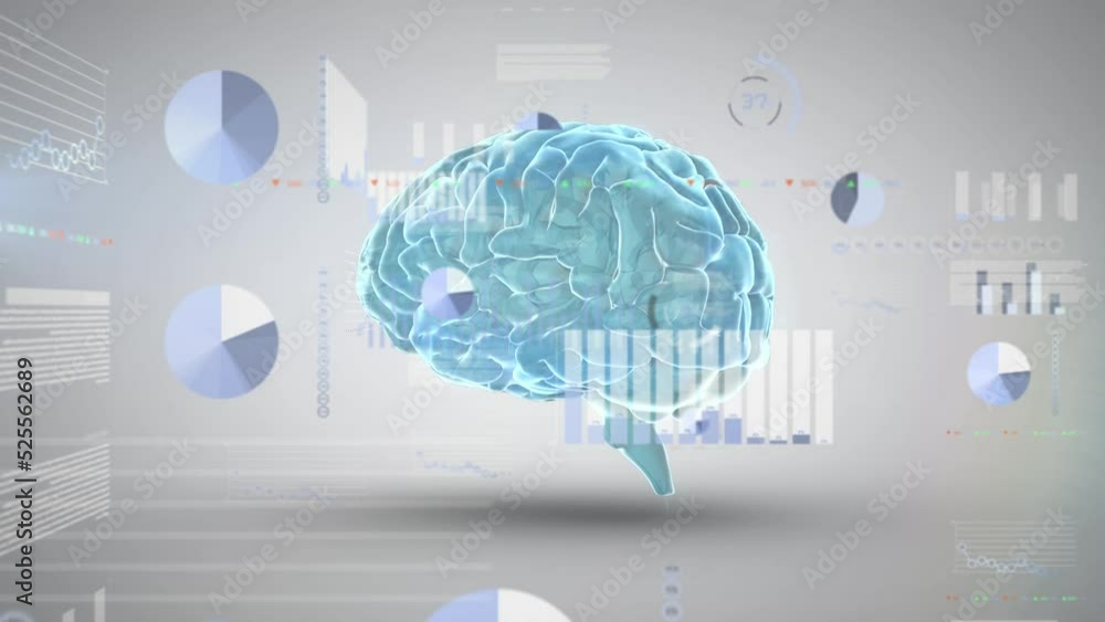 Poster animation of data processing with human brain, graphs, charts on digital interface