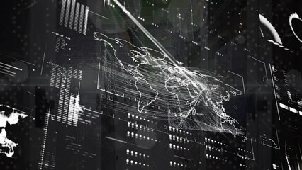Animation of world map with hud processing on digital interface at data center - Powered by Adobe
