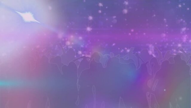 Animation of light beam moving over silhouette multiracial crowd enjoying at music concert