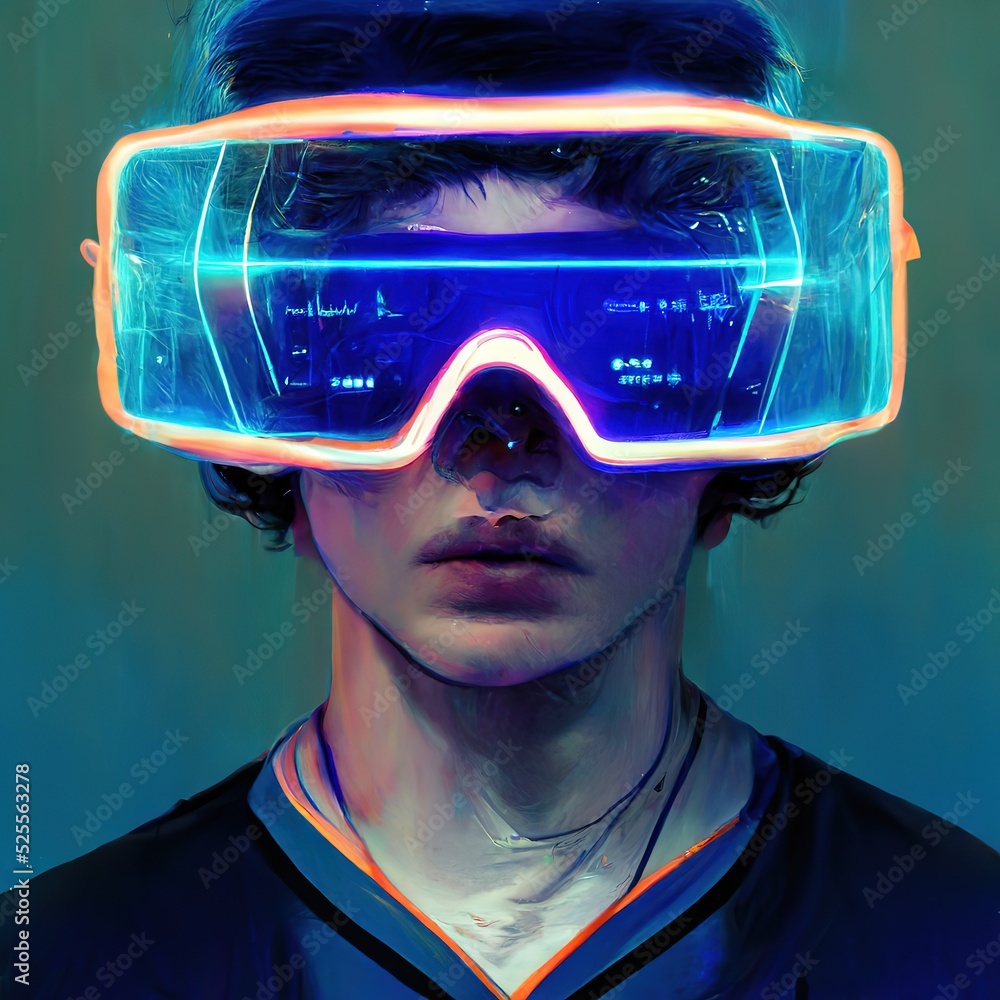 Poster man from future, glasses on her head, a virtual reality headset, a hologram of graphs and data. conc