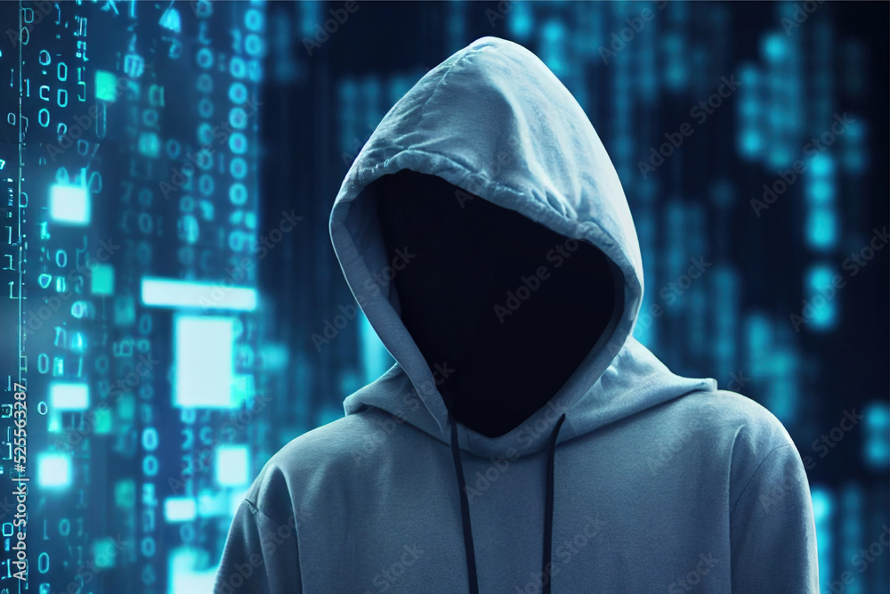Poster Hacker without a face on the background of screens with binary code. 3d render
