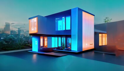 A modern smart home, against the background of high-rise buildings, a colorful illustration of new houses. A conceptual futuristic modular house of the future. 3D artwork