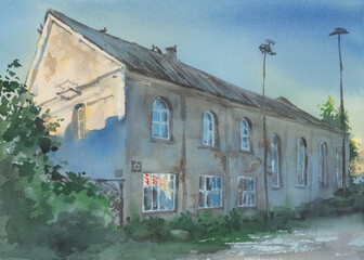 Old Jewish synagogue in Zagare, Lithuania watercolor landscape
