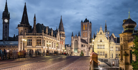 Fototapeta na wymiar Ghent night skyline and St Michael's Bridge, Belgium